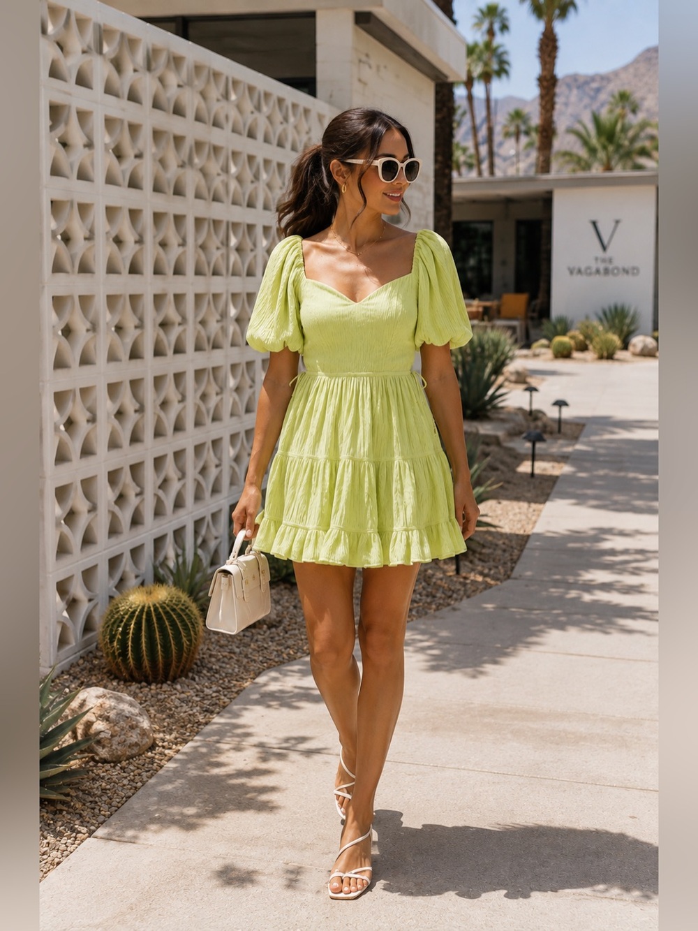 NWT Jonathan Simkhai “Cadence” Pear Green Plisse Puff Sleeve Dress ~ Sz 6